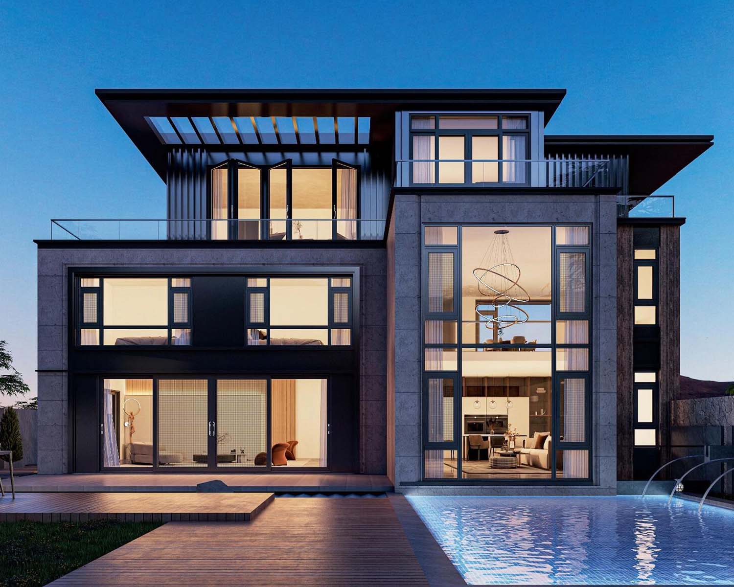 Fenêtres à tas en aluminium pour villa